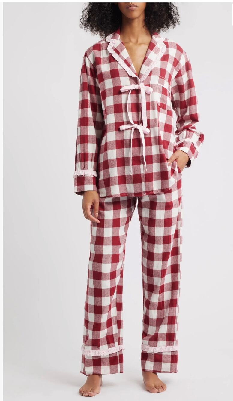 Damson Madder Antonella Burgundy Gingham Ruffle Pajama Set UK 10 US 6